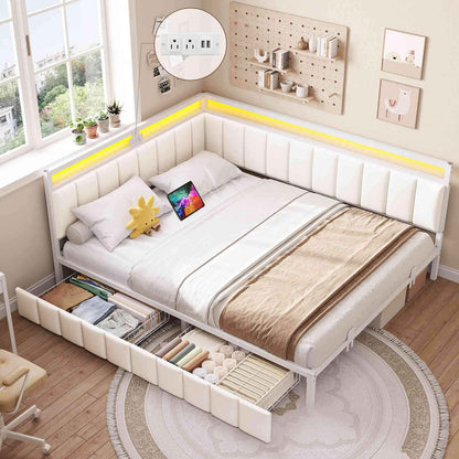 DICTAC | Corner Bed Frame with Storage Drawers, LED Lights & Charging Station, Upholstered Daybed (Beige)