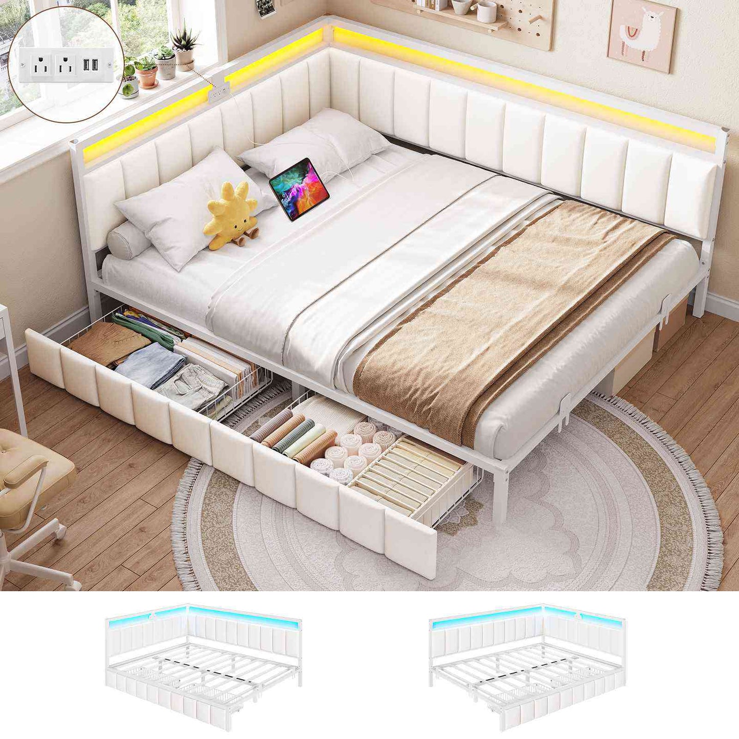 DICTAC | Corner Bed Frame with Storage Drawers, LED Lights & Charging Station, Upholstered Daybed (Beige)