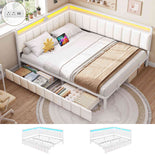 DICTAC |  Beige Corner Bed Frame with 2 Storage Drawers, LED Lights & Charging Station, Upholstered Daybed