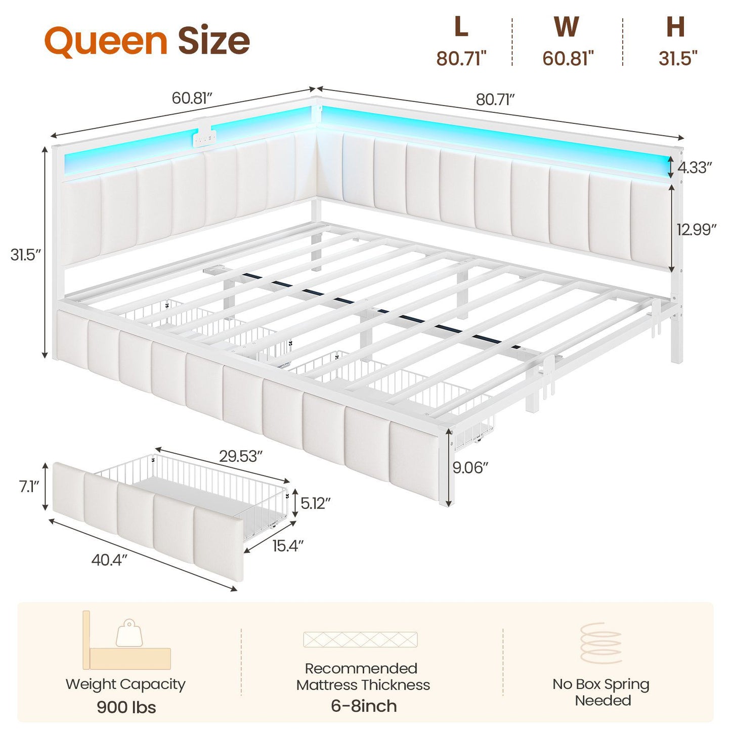 DICTAC | Corner Bed Frame with Storage Drawers, LED Lights & Charging Station, Upholstered Daybed (Beige)