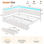 DICTAC |  Beige Corner Bed Frame with 2 Storage Drawers, LED Lights & Charging Station, Upholstered Daybed
