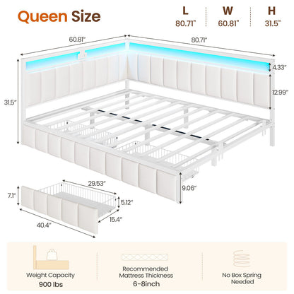 DICTAC | Corner Bed Frame with Storage Drawers, LED Lights & Charging Station, Upholstered Daybed (Beige)