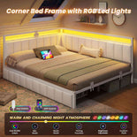 DICTAC |  Beige Corner Bed Frame with 2 Storage Drawers, LED Lights & Charging Station, Upholstered Daybed