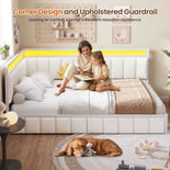 DICTAC |  Beige Corner Bed Frame with 2 Storage Drawers, LED Lights & Charging Station, Upholstered Daybed