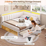 DICTAC |  Beige Corner Bed Frame with 2 Storage Drawers, LED Lights & Charging Station, Upholstered Daybed