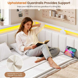DICTAC |  Beige Corner Bed Frame with 2 Storage Drawers, LED Lights & Charging Station, Upholstered Daybed