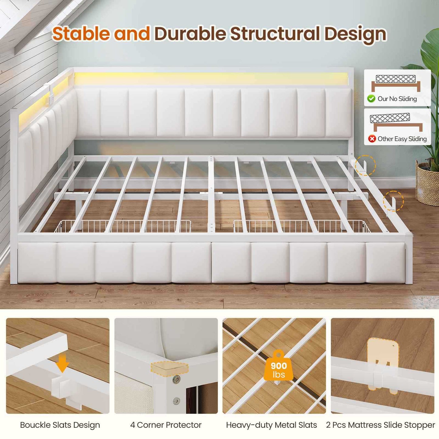 DICTAC | Corner Bed Frame with Storage Drawers, LED Lights & Charging Station, Upholstered Daybed (Beige)