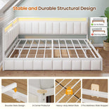 DICTAC |  Beige Corner Bed Frame with 2 Storage Drawers, LED Lights & Charging Station, Upholstered Daybed