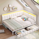 DICTAC |  Beige Corner Bed Frame with 2 Storage Drawers, LED Lights & Charging Station, Upholstered Daybed
