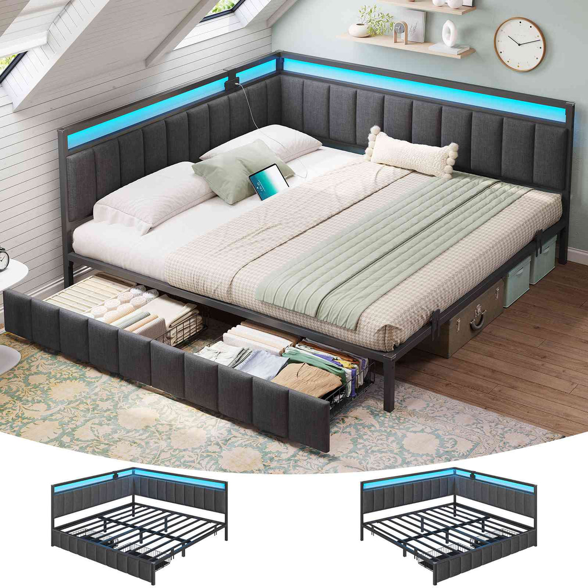 DICTAC |  Oak Gray Corner Bed Frame with 2 Storage Drawers, LED Lights & Charging Station, Upholstered Daybed