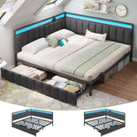 DICTAC |  Oak Gray Corner Bed Frame with 2 Storage Drawers, LED Lights & Charging Station, Upholstered Daybed