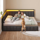 DICTAC |  Oak Gray Corner Bed Frame with 2 Storage Drawers, LED Lights & Charging Station, Upholstered Daybed