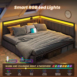 DICTAC |  Oak Gray Corner Bed Frame with 2 Storage Drawers, LED Lights & Charging Station, Upholstered Daybed