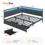 DICTAC |  Oak Gray Corner Bed Frame with 2 Storage Drawers, LED Lights & Charging Station, Upholstered Daybed