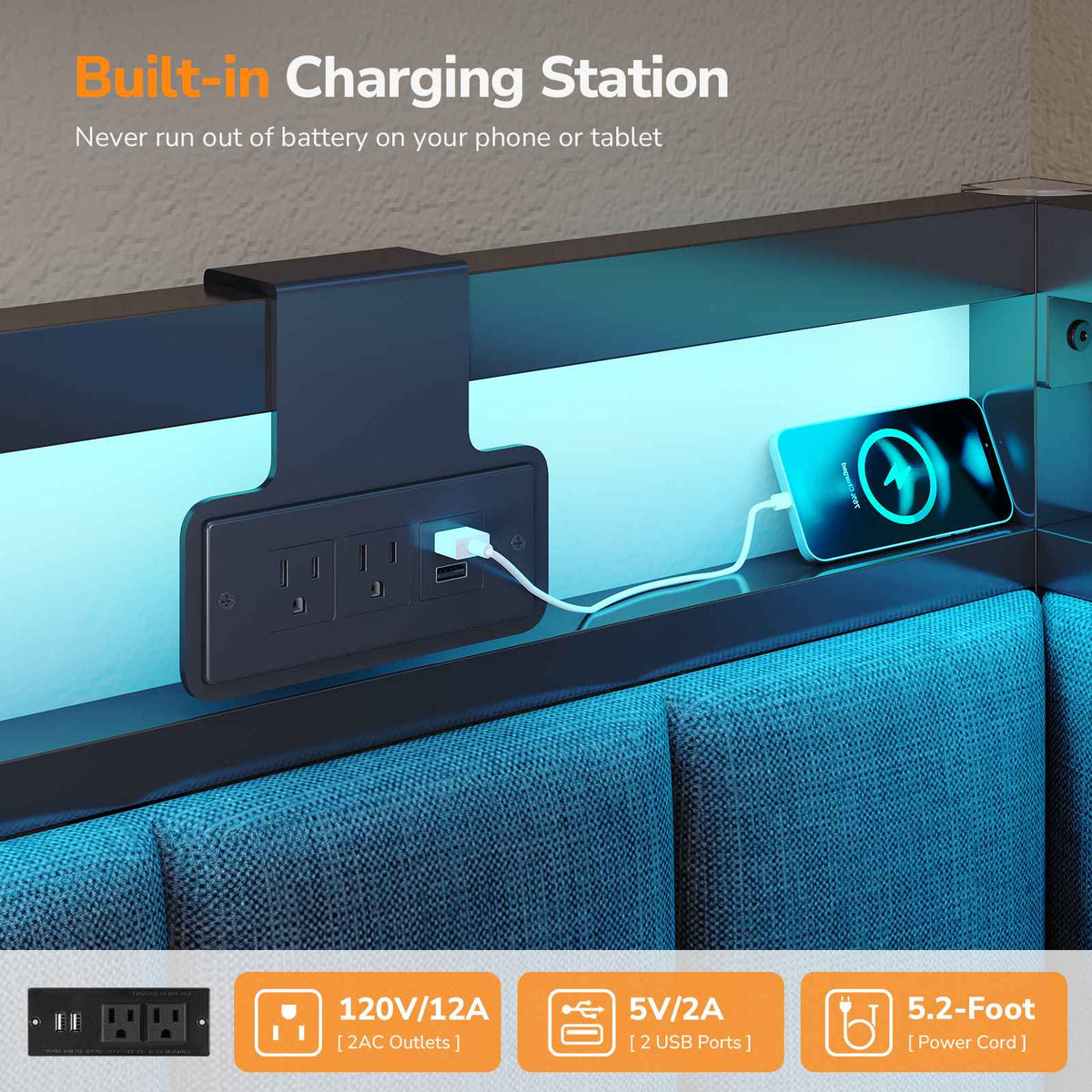 DICTAC |  Oak Gray Corner Bed Frame with 2 Storage Drawers, LED Lights & Charging Station, Upholstered Daybed