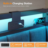 DICTAC |  Oak Gray Corner Bed Frame with 2 Storage Drawers, LED Lights & Charging Station, Upholstered Daybed