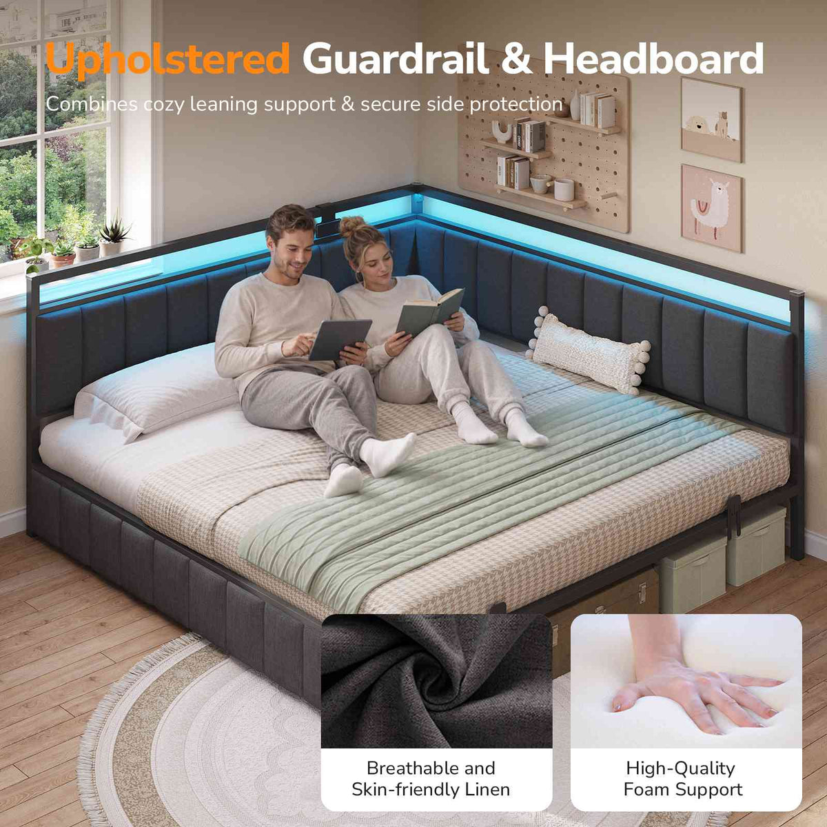 DICTAC |  Oak Gray Corner Bed Frame with 2 Storage Drawers, LED Lights & Charging Station, Upholstered Daybed
