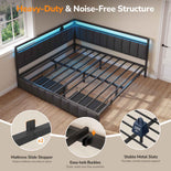 DICTAC |  Oak Gray Corner Bed Frame with 2 Storage Drawers, LED Lights & Charging Station, Upholstered Daybed