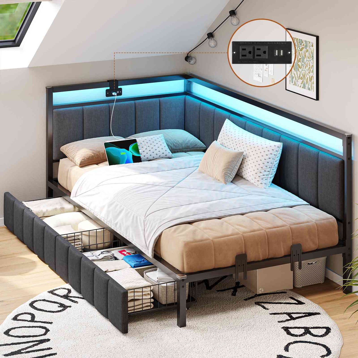 DICTAC | Corner Bed Frame with Storage Drawers, LED Lights & Charging Station, Upholstered Daybed (Oak Gray)