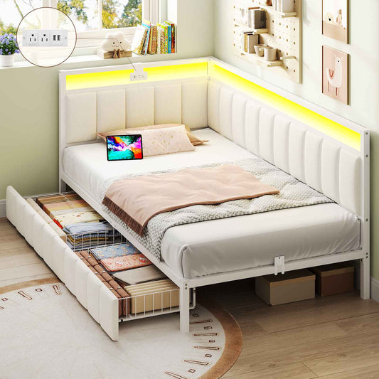 DICTAC | Corner Bed Frame with Storage Drawers, LED Lights & Charging Station, Upholstered Daybed (Beige)