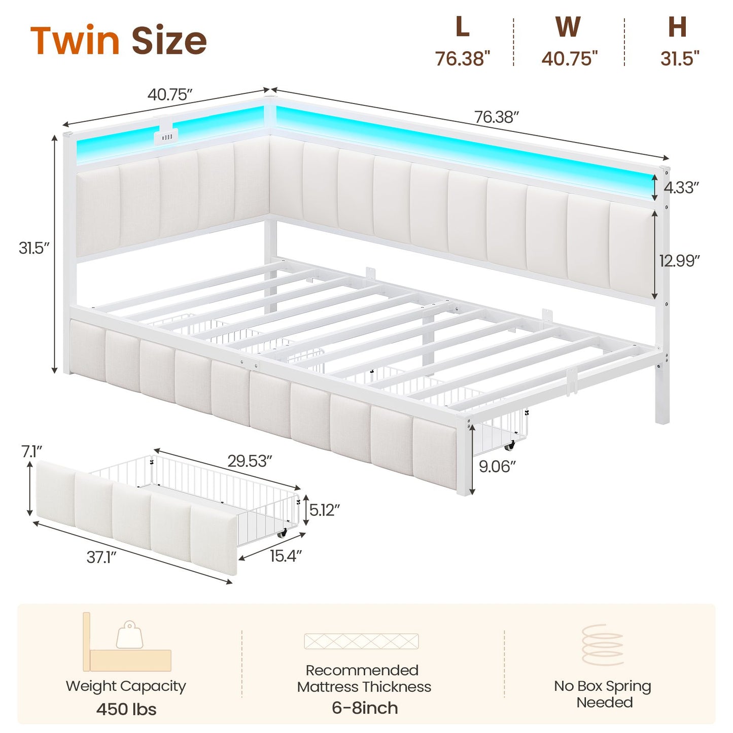 DICTAC | Corner Bed Frame with Storage Drawers, LED Lights & Charging Station, Upholstered Daybed (Beige)