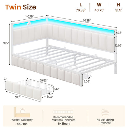 DICTAC | Corner Bed Frame with Storage Drawers, LED Lights & Charging Station, Upholstered Daybed (Beige)