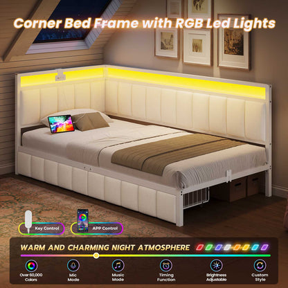 DICTAC | Corner Bed Frame with Storage Drawers, LED Lights & Charging Station, Upholstered Daybed (Beige)