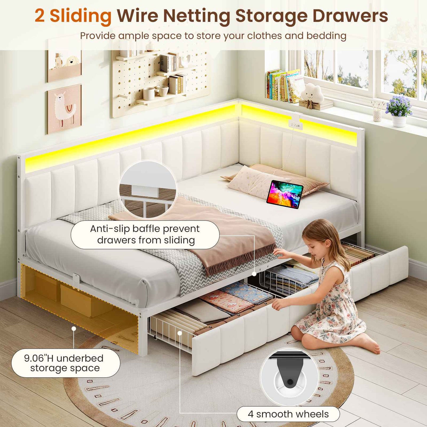 DICTAC | Corner Bed Frame with Storage Drawers, LED Lights & Charging Station, Upholstered Daybed (Beige)