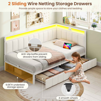 DICTAC | Corner Bed Frame with Storage Drawers, LED Lights & Charging Station, Upholstered Daybed (Beige)