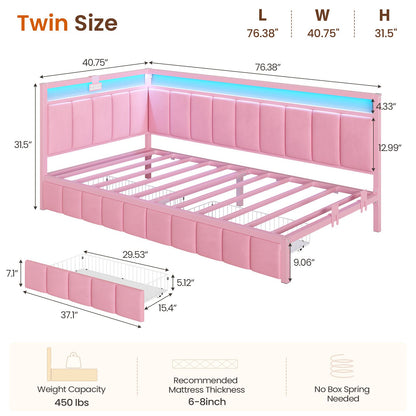 DICTAC | Corner Bed Frame with Storage Drawers, LED Lights & Charging Station, Upholstered Daybed (Pink)