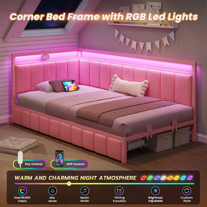DICTAC | Corner Bed Frame with Storage Drawers, LED Lights & Charging Station, Upholstered Daybed (Pink)