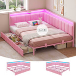 DICTAC |  Pink Corner Bed Frame with 2 Storage Drawers, LED Lights & Charging Station, Upholstered Daybed