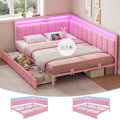 DICTAC | Corner Bed Frame with Storage Drawers, LED Lights & Charging Station, Upholstered Daybed (Pink)