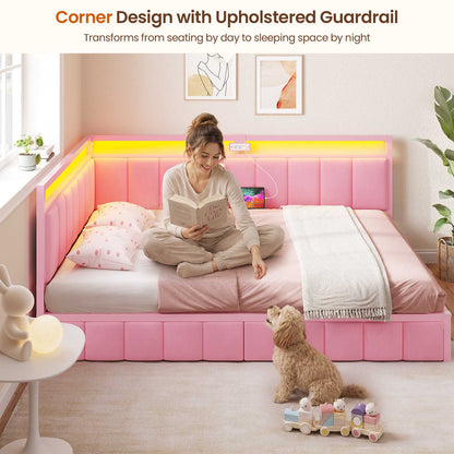 DICTAC | Corner Bed Frame with Storage Drawers, LED Lights & Charging Station, Upholstered Daybed (Pink)