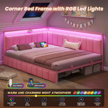 DICTAC |  Pink Corner Bed Frame with 2 Storage Drawers, LED Lights & Charging Station, Upholstered Daybed