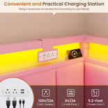 DICTAC |  Pink Corner Bed Frame with 2 Storage Drawers, LED Lights & Charging Station, Upholstered Daybed