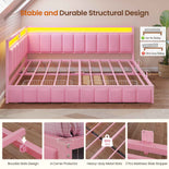DICTAC |  Pink Corner Bed Frame with 2 Storage Drawers, LED Lights & Charging Station, Upholstered Daybed