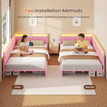 DICTAC |  Pink Corner Bed Frame with 2 Storage Drawers, LED Lights & Charging Station, Upholstered Daybed