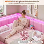 DICTAC |  Pink Corner Bed Frame with 2 Storage Drawers, LED Lights & Charging Station, Upholstered Daybed