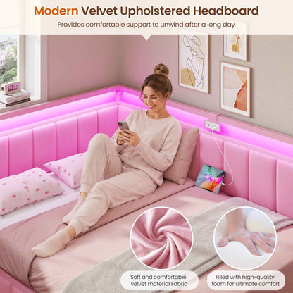 DICTAC | Corner Bed Frame with Storage Drawers, LED Lights & Charging Station, Upholstered Daybed (Pink)