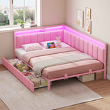 DICTAC |  Pink Corner Bed Frame with 2 Storage Drawers, LED Lights & Charging Station, Upholstered Daybed