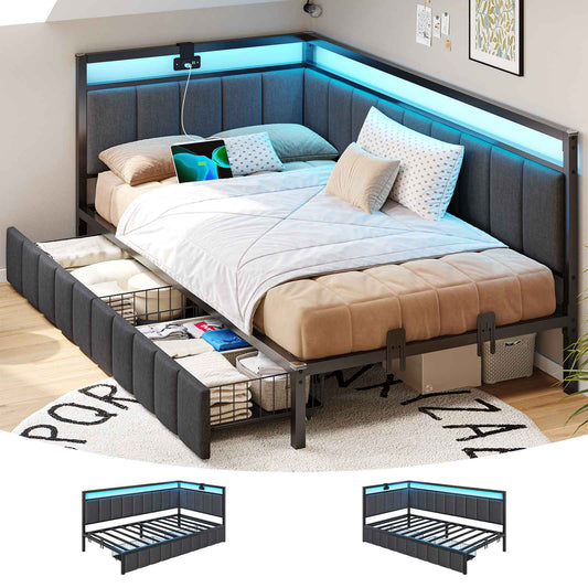 DICTAC | Corner Bed Frame with Storage Drawers, LED Lights & Charging Station, Upholstered Daybed (Oak Gray)
