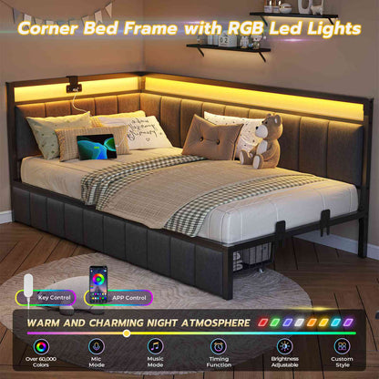 DICTAC | Corner Bed Frame with Storage Drawers, LED Lights & Charging Station, Upholstered Daybed (Oak Gray)