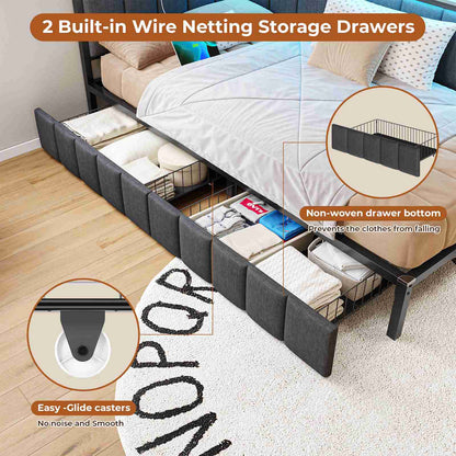 DICTAC | Corner Bed Frame with Storage Drawers, LED Lights & Charging Station, Upholstered Daybed (Oak Gray)