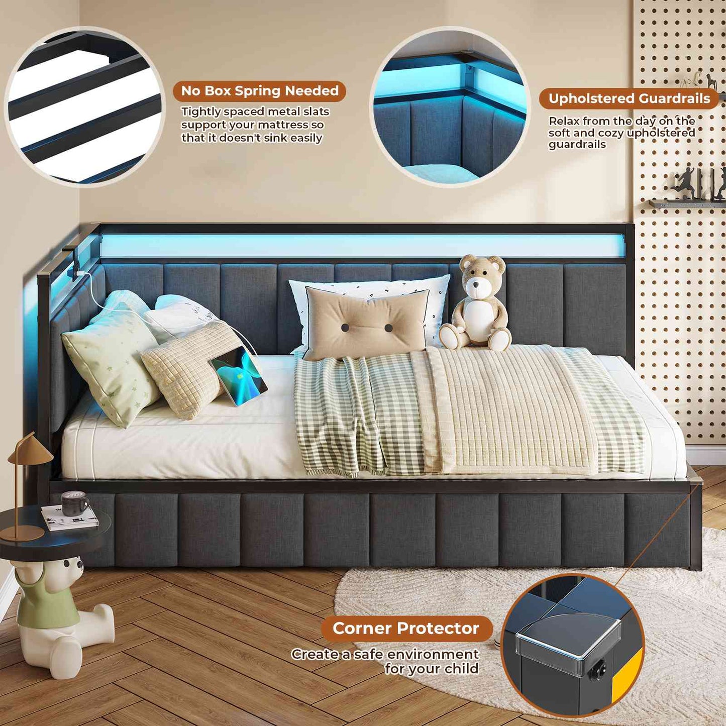 DICTAC | Corner Bed Frame with Storage Drawers, LED Lights & Charging Station, Upholstered Daybed (Oak Gray)