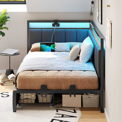 DICTAC | Corner Bed Frame with Storage Drawers, LED Lights & Charging Station, Upholstered Daybed (Oak Gray)