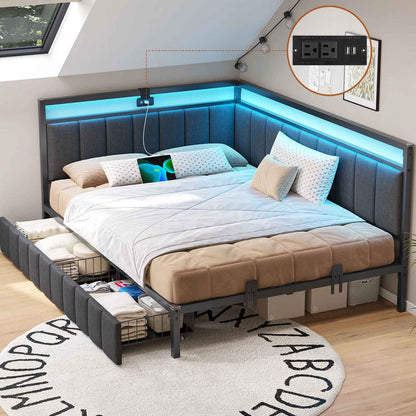 DICTAC | Corner Bed Frame with Storage Drawers, LED Lights & Charging Station, Upholstered Daybed (Oak Gray)