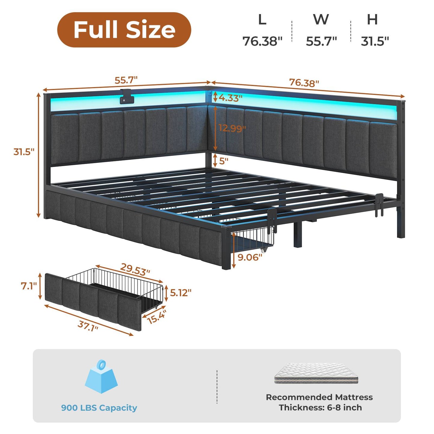 DICTAC | Corner Bed Frame with Storage Drawers, LED Lights & Charging Station, Upholstered Daybed (Oak Gray)