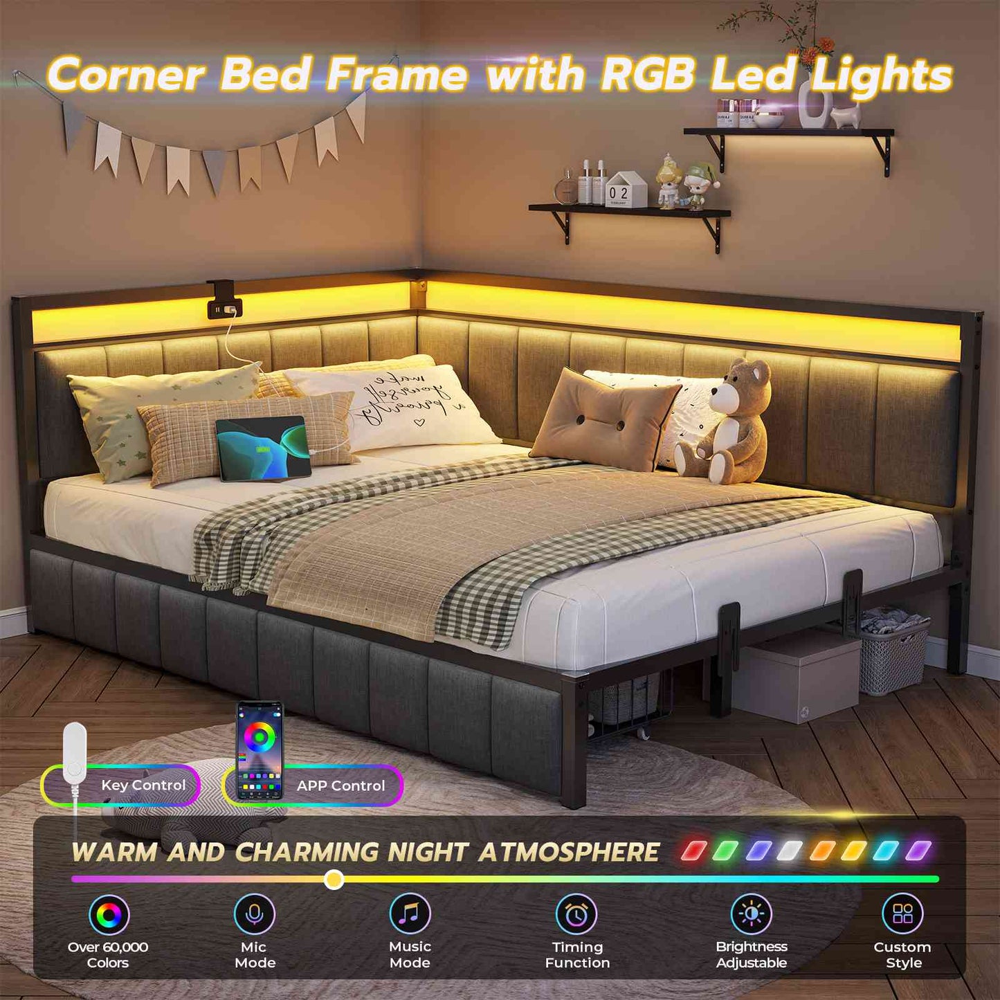 DICTAC | Corner Bed Frame with Storage Drawers, LED Lights & Charging Station, Upholstered Daybed (Oak Gray)