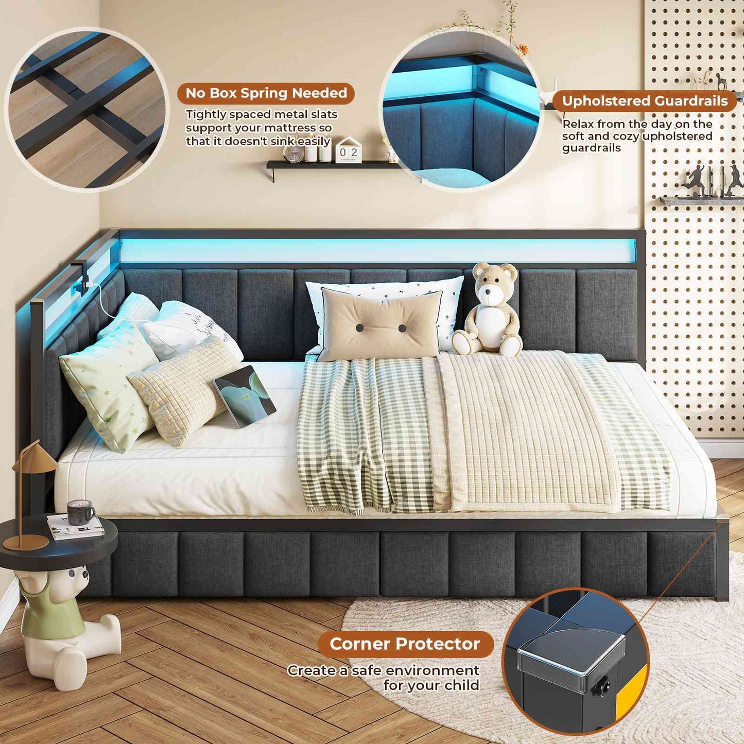 DICTAC | Corner Bed Frame with Storage Drawers, LED Lights & Charging Station, Upholstered Daybed (Oak Gray)